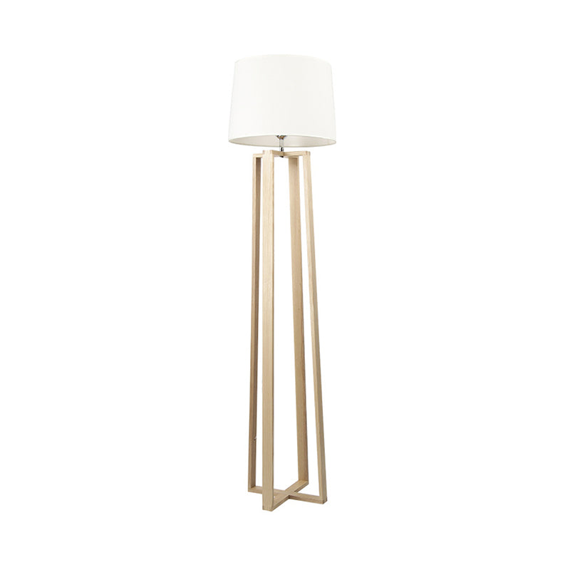 Contemporary Wood Trapezoid Floor Lamp with White Barrel Fabric Shade