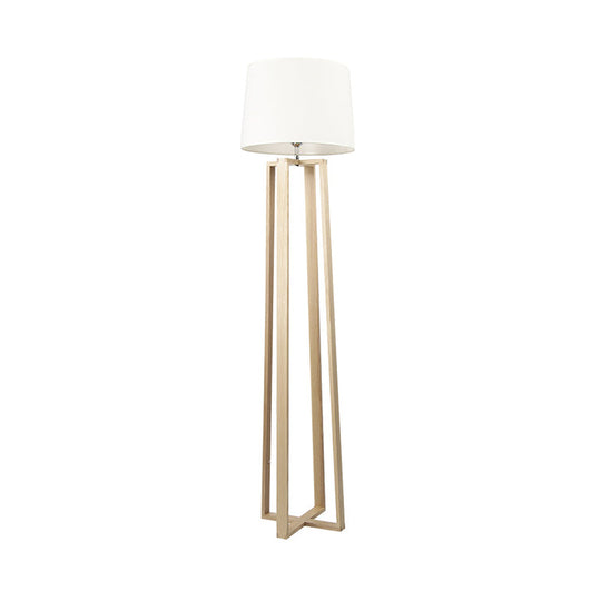 Contemporary Wood Trapezoid Floor Lamp with White Barrel Fabric Shade