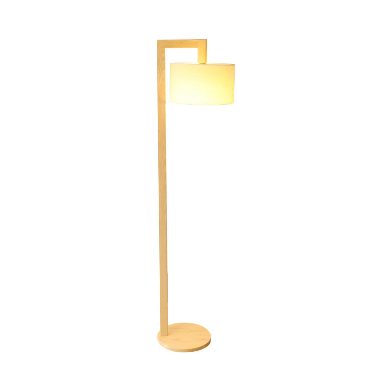 Cylindrical Fabric Floor Lamp - Minimalist Wood Stand with Right Angled Pole