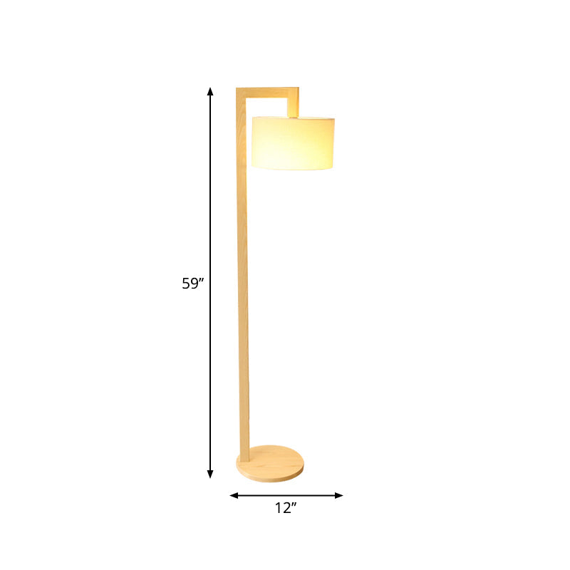 Cylindrical Fabric Floor Lamp - Minimalist Wood Stand with Right Angled Pole