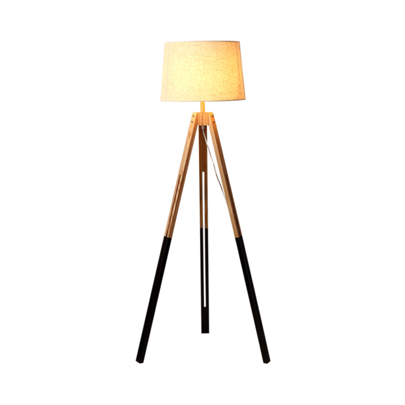 Modern 3-Legged Drum Shade Floor Light - Black/White Fabric, Wood Base - for Living Room