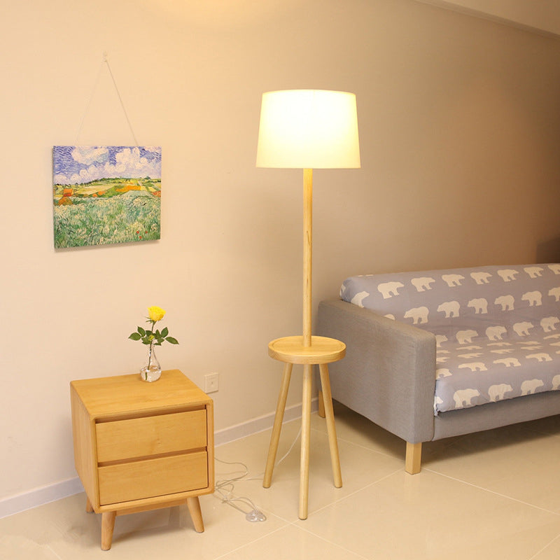 Nordic White Drum Floor Lamp with Tripod and Table - 1 Head Fabric Stand Up Lighting