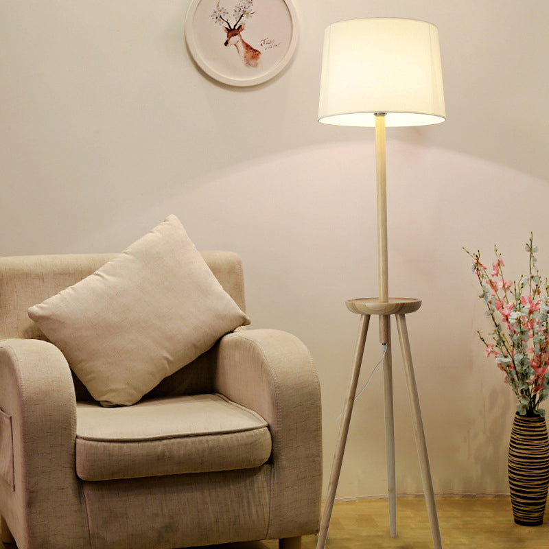 Minimalist Wood Tri-Legged Floor Lamp with Drum Fabric Shade and Table – Beige Stand Light