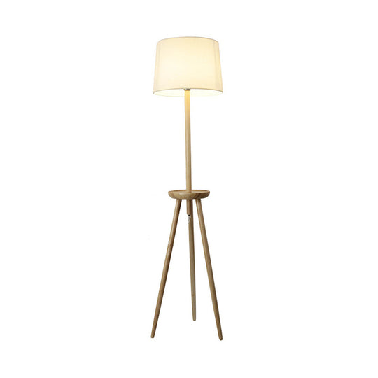 Minimalist Wood Tri-Legged Floor Lamp with Drum Fabric Shade and Table – Beige Stand Light