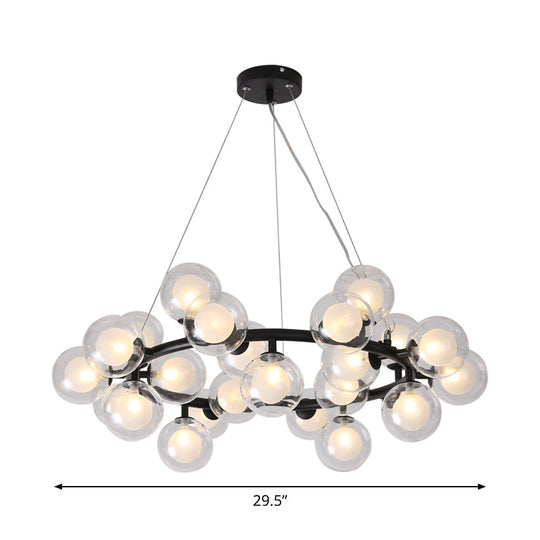 Modern Black Bubbled Wreath Chandelier with Clear and Frosted Glass Shades - 15/25 Bulbs Hanging Ceiling Light