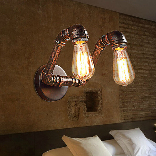 Bent Piping Industrial Metal Wall Lamp - Bronze Finish, 2 Lights - Bathroom Wall Mounted Light Fixture