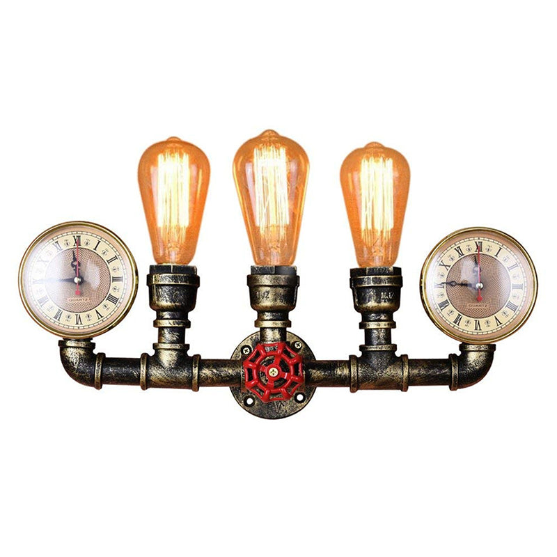 Industrial Wall Mount Light: Bronze Pipe Warehouse Style Iron 3-Light Dining Room Lamp with Pressure Gauge and Valve Deco