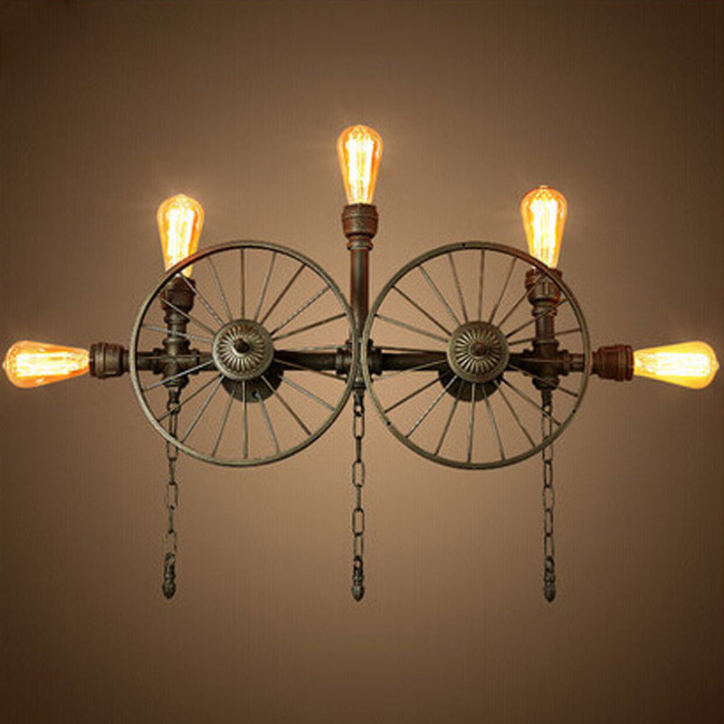 Industrial Iron Wheel Wall Mounted Sconce with Chain and Pipe - Black 1/4/5-Bulb Wall Light