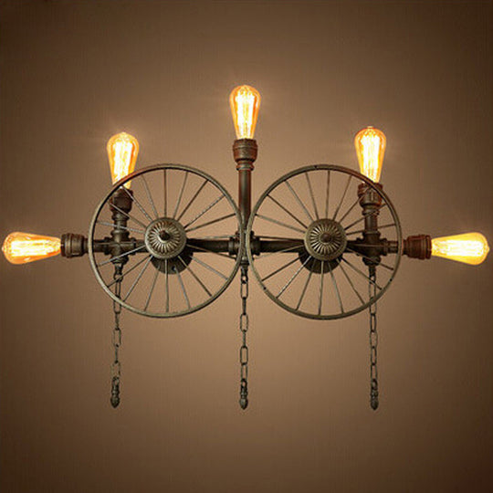 Industrial Iron Wheel Wall Mounted Sconce with Chain and Pipe - Black 1/4/5-Bulb Wall Light