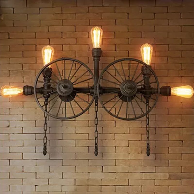 Industrial Iron Wheel Wall Mounted Sconce with Chain and Pipe - Black 1/4/5-Bulb Wall Light