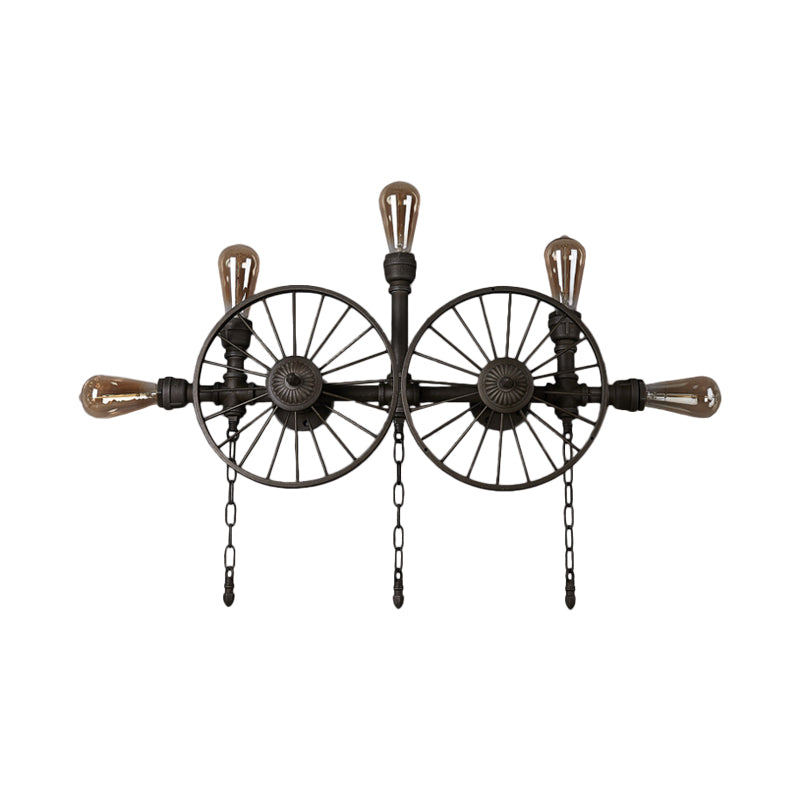 Industrial Iron Wheel Wall Mounted Sconce with Chain and Pipe - Black 1/4/5-Bulb Wall Light