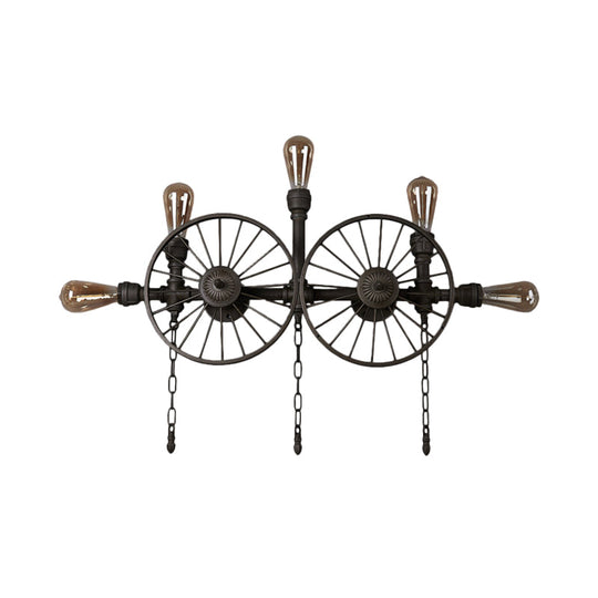 Industrial Iron Wheel Wall Mounted Sconce with Chain and Pipe - Black 1/4/5-Bulb Wall Light