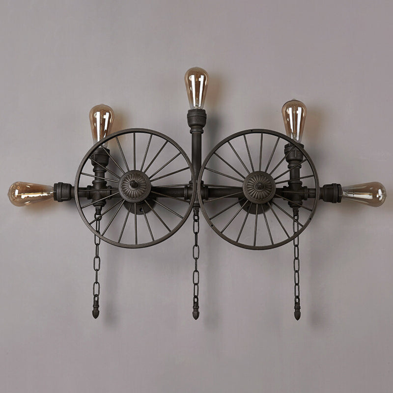 Industrial Iron Wheel Wall Mounted Sconce with Chain and Pipe - Black 1/4/5-Bulb Wall Light