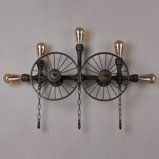 Industrial Iron Wheel Wall Mounted Sconce with Chain and Pipe - Black 1/4/5-Bulb Wall Light