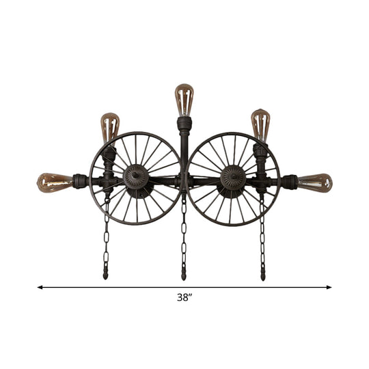 Industrial Iron Wheel Wall Mounted Sconce with Chain and Pipe - Black 1/4/5-Bulb Wall Light