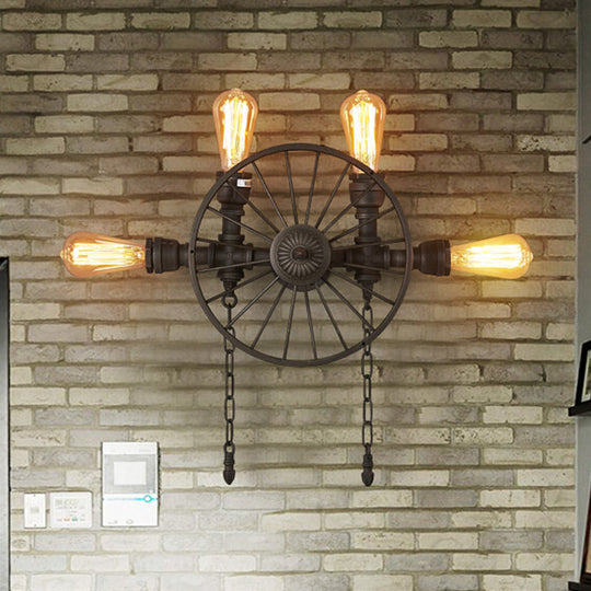 Industrial Iron Wheel Wall Mounted Sconce with Chain and Pipe - Black 1/4/5-Bulb Wall Light