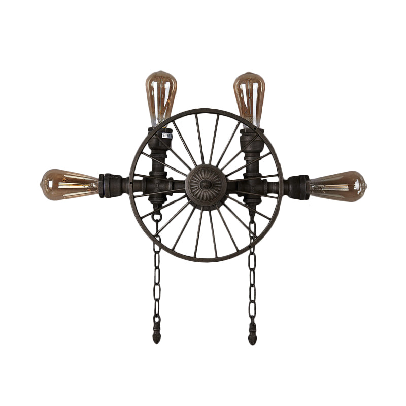 Industrial Iron Wheel Wall Mounted Sconce with Chain and Pipe - Black 1/4/5-Bulb Wall Light