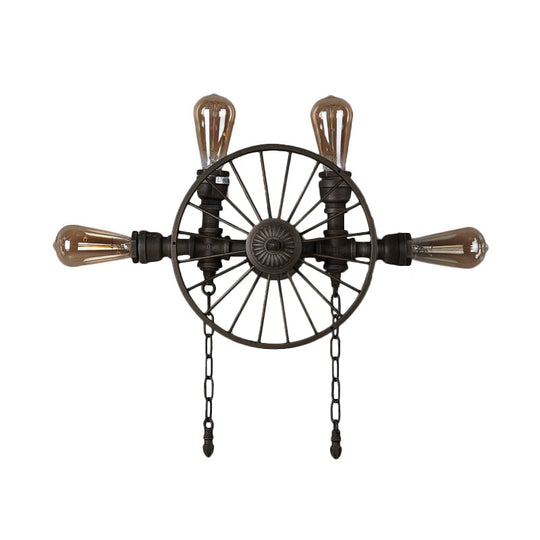 Industrial Iron Wheel Wall Mounted Sconce with Chain and Pipe - Black 1/4/5-Bulb Wall Light