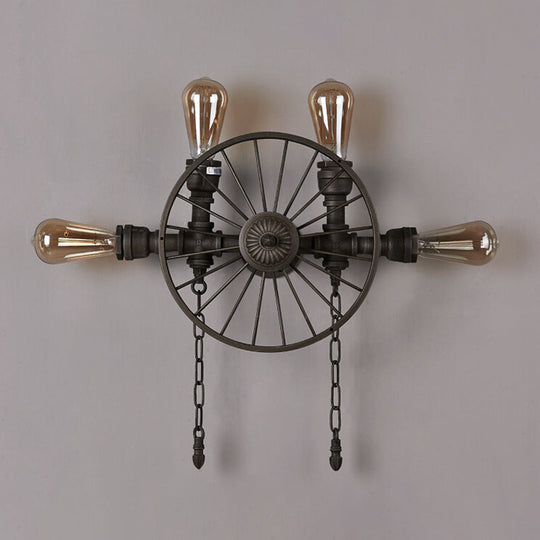 Industrial Iron Wheel Wall Mounted Sconce with Chain and Pipe - Black 1/4/5-Bulb Wall Light