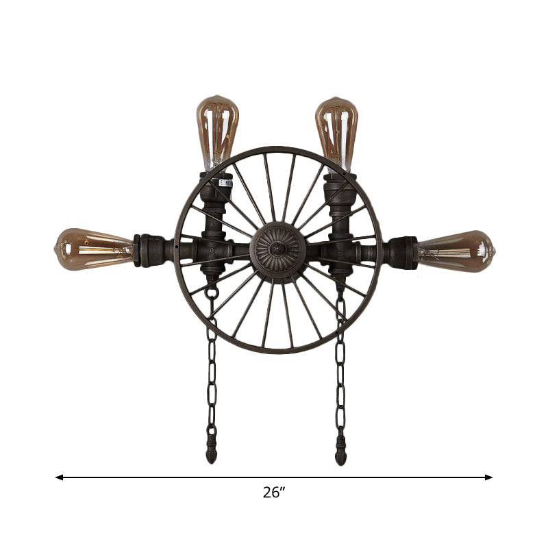 Industrial Iron Wheel Wall Mounted Sconce with Chain and Pipe - Black 1/4/5-Bulb Wall Light