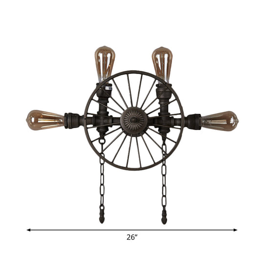 Industrial Iron Wheel Wall Mounted Sconce with Chain and Pipe - Black 1/4/5-Bulb Wall Light