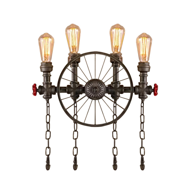 Wrought Iron Bistro Wall Light with Decorative Wheel and Chain in Silver/Bronze - 2/4-Light Loft Wall Mount Fixture