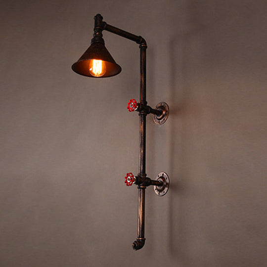 Iron Wall Light Kit - Industrial Single Cone Shade Wall Mount Lamp in Bronze with Valve and Bracket Design
