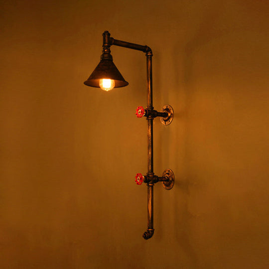 Iron Wall Light Kit - Industrial Single Cone Shade Wall Mount Lamp in Bronze with Valve and Bracket Design