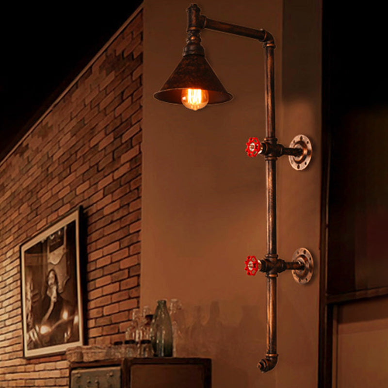 Iron Wall Light Kit - Industrial Single Cone Shade Wall Mount Lamp in Bronze with Valve and Bracket Design