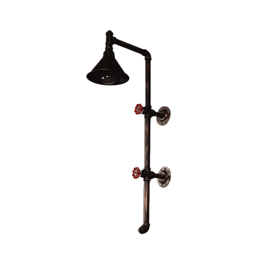 Iron Wall Light Kit - Industrial Single Cone Shade Wall Mount Lamp in Bronze with Valve and Bracket Design