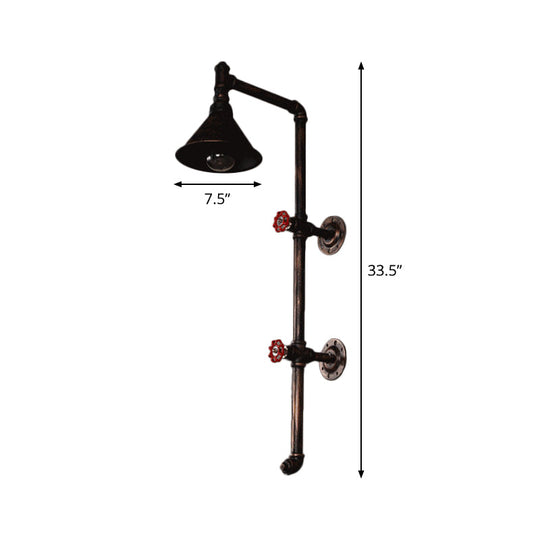 Iron Wall Light Kit - Industrial Single Cone Shade Wall Mount Lamp in Bronze with Valve and Bracket Design