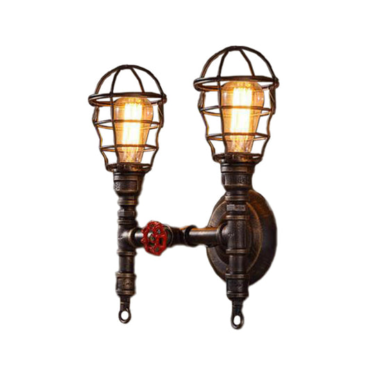 Industrial Style Wall Mounted Lighting with Wire Cage and Bronze Finish - Set of 2 Bulbs