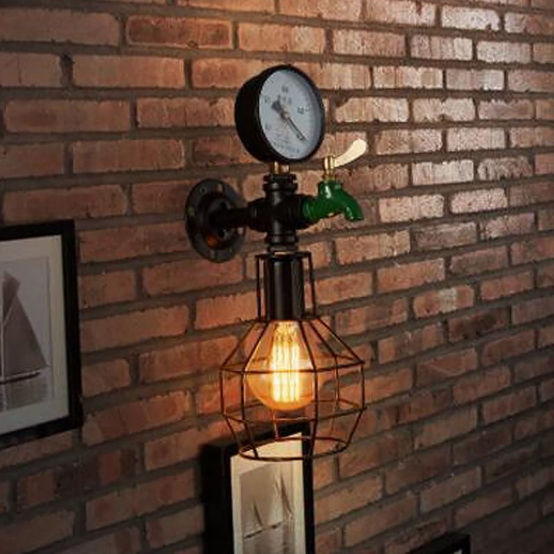 Industrial Black and Green Wall Mounted Lamp with Gauge and Cage - 1-Light Water-Tap Design