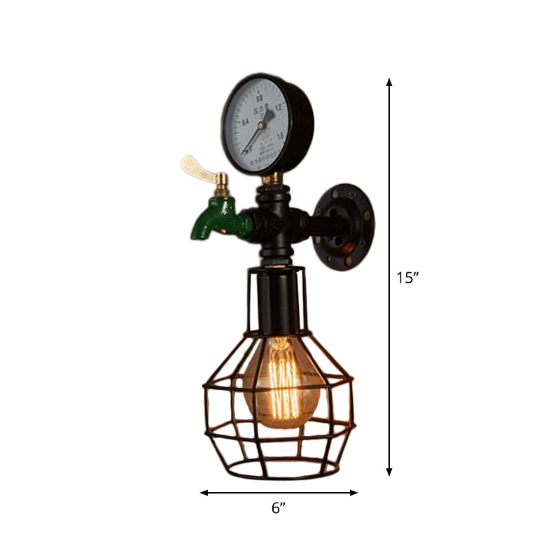 Industrial Black and Green Wall Mounted Lamp with Gauge and Cage - 1-Light Water-Tap Design