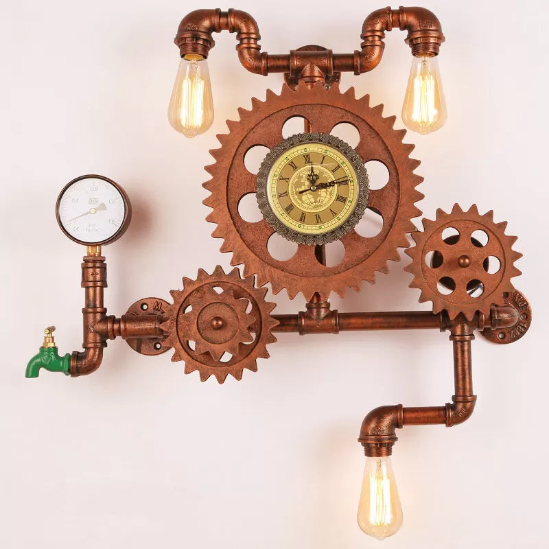 Steampunk 3-Light Wall Mount with Iron Copper Finish and Plumbing Pipe Gear – Unique Lighting Idea