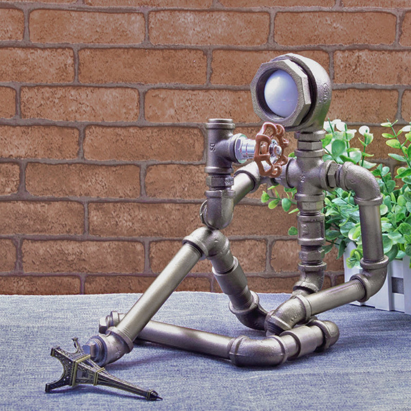 Industrial Iron Pipe Man Table Lamp - Silver/Bronze, Red Valve Rotating Switch