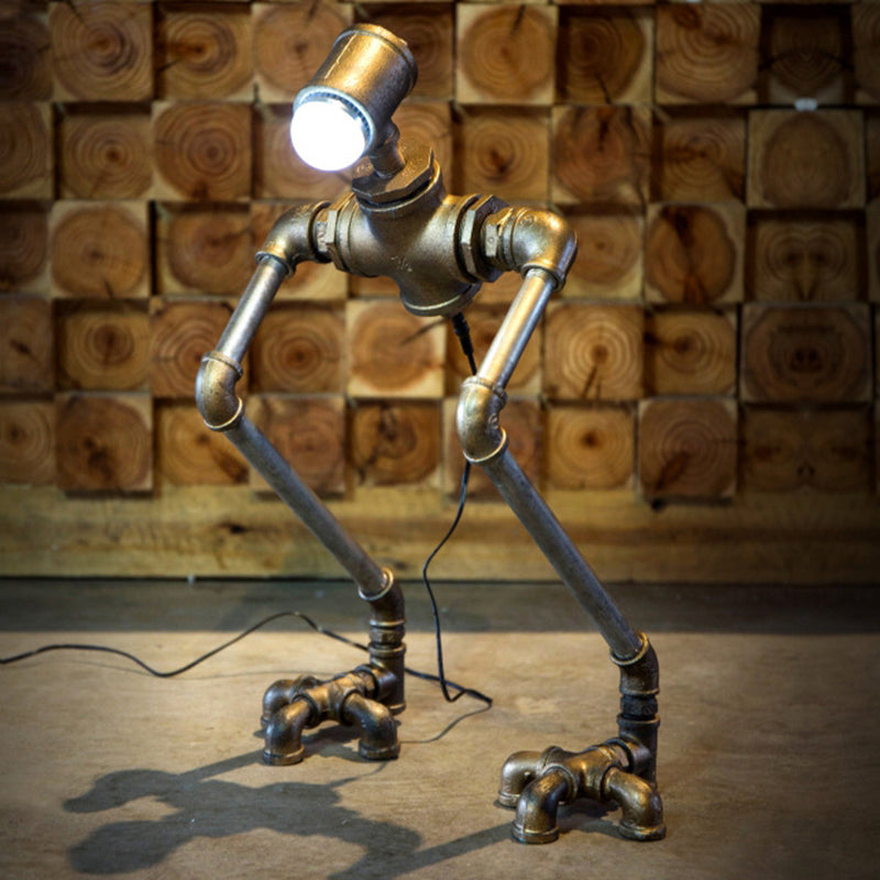 Steampunk Silver Iron Nightstand Lamp: Long-Legged Pipe Man Bedside Table Light with Warm/White Illumination