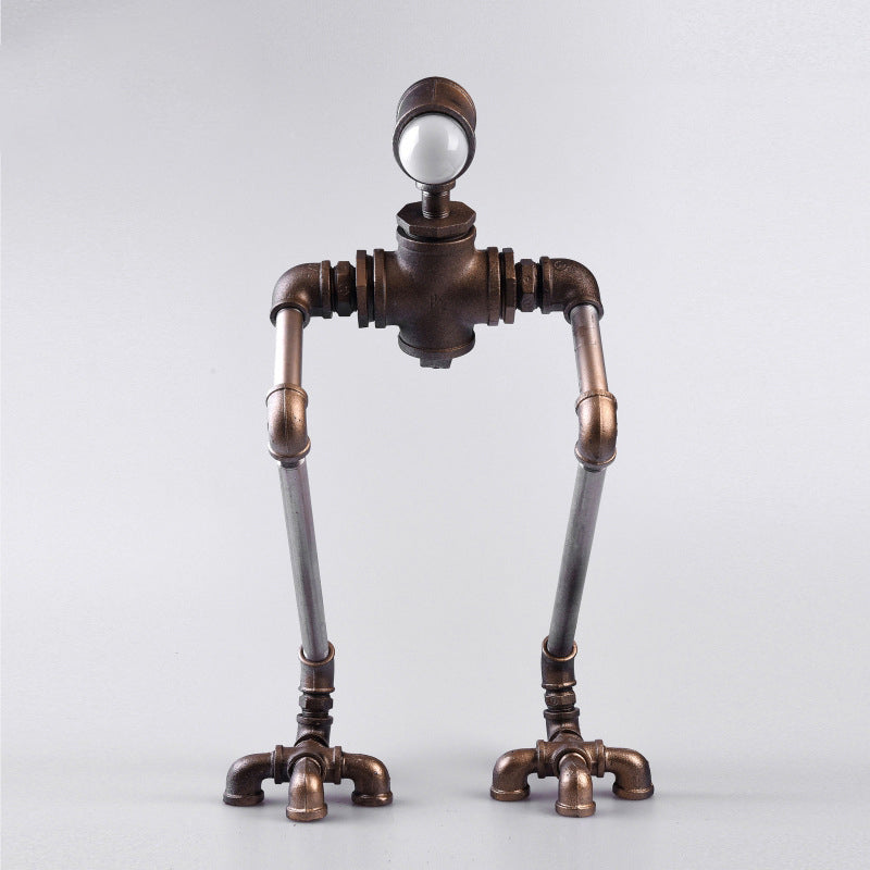 Steampunk Silver Iron Nightstand Lamp: Long-Legged Pipe Man Bedside Table Light with Warm/White Illumination