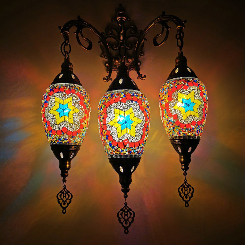 Oval Wall Mounted Lamp: Traditional Stained Art Glass Sconce Light - 3 Heads in White/Red/Light Blue
