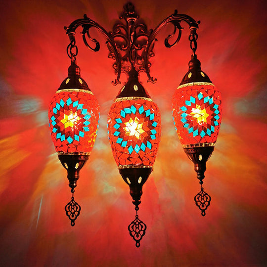 Oval Wall Mounted Lamp: Traditional Stained Art Glass Sconce Light - 3 Heads in White/Red/Light Blue