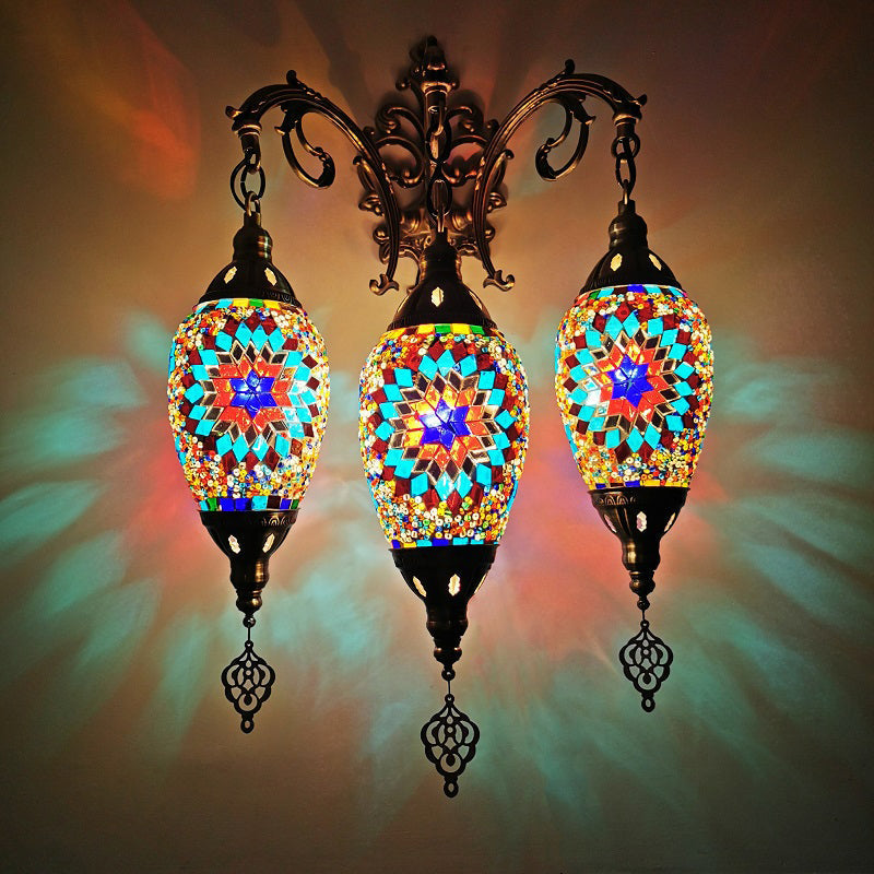 Oval Wall Mounted Lamp: Traditional Stained Art Glass Sconce Light - 3 Heads in White/Red/Light Blue