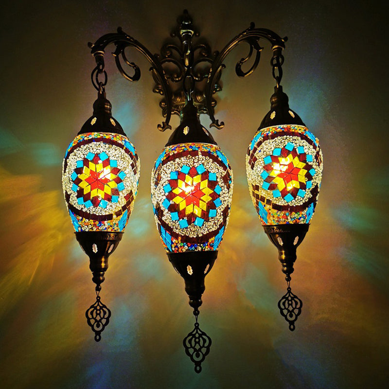 Oval Wall Mounted Lamp: Traditional Stained Art Glass Sconce Light - 3 Heads in White/Red/Light Blue