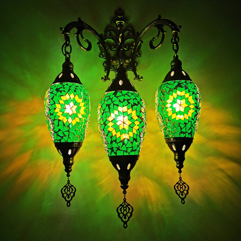 Oval Wall Mounted Lamp: Traditional Stained Art Glass Sconce Light - 3 Heads in White/Red/Light Blue