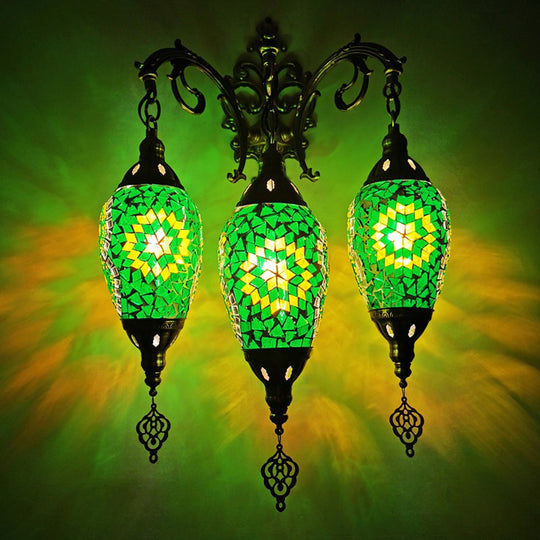 Oval Wall Mounted Lamp: Traditional Stained Art Glass Sconce Light - 3 Heads in White/Red/Light Blue