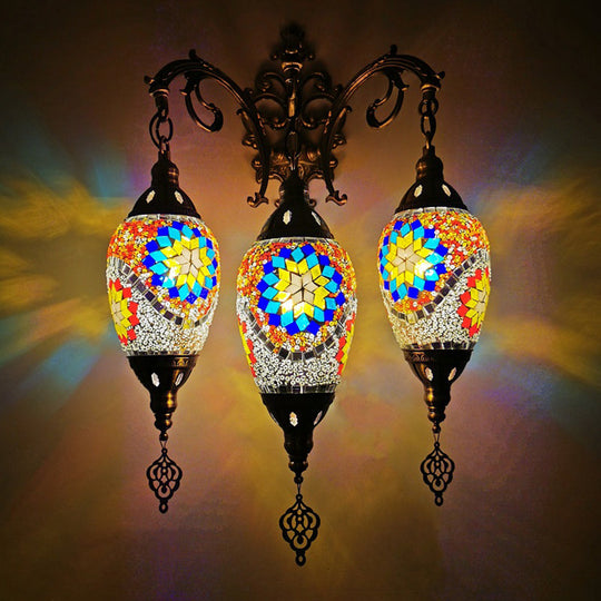 Oval Wall Mounted Lamp: Traditional Stained Art Glass Sconce Light - 3 Heads in White/Red/Light Blue