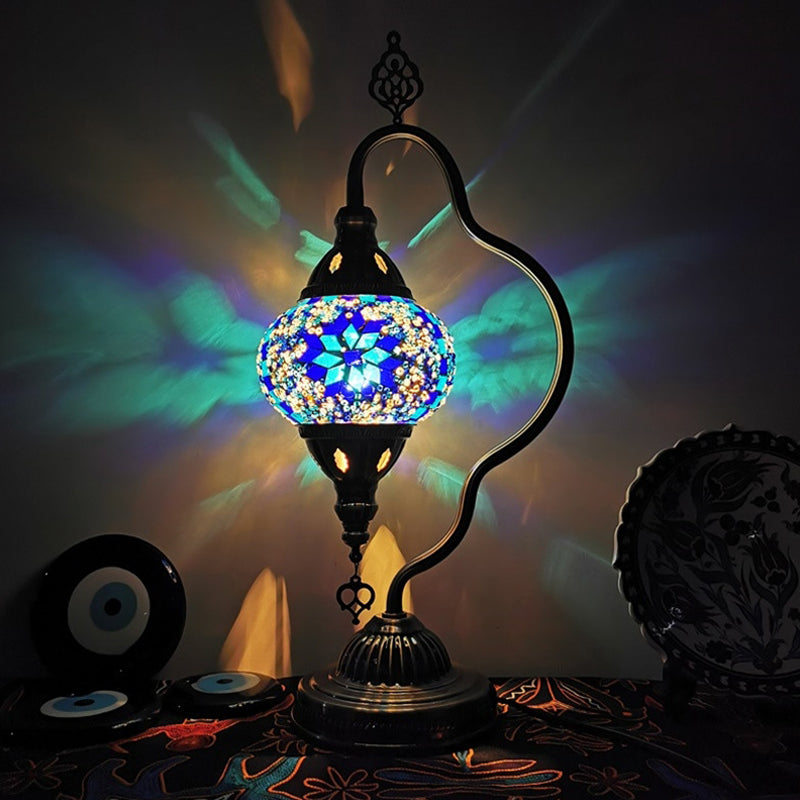 Art Deco Stained Glass Night Lamp - Curvy Arm, 1 Bulb Bedroom Nightstand Lighting (Red/Yellow/Orange)