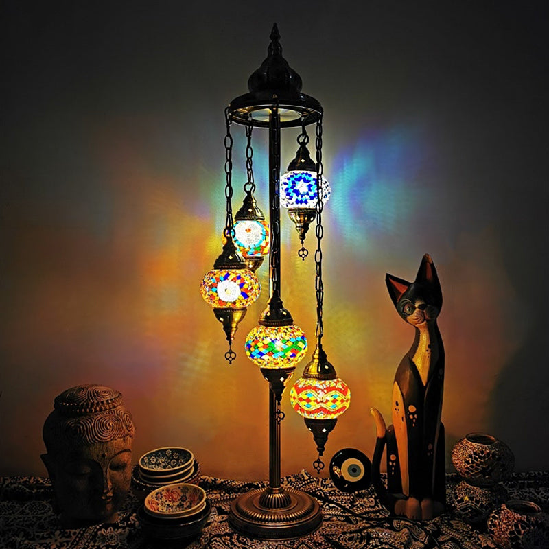 Stained Art Glass Floor Lamp - Traditional Beige/Red/Yellow - Elliptical Design - 5 Heads - Bedroom Standing Light