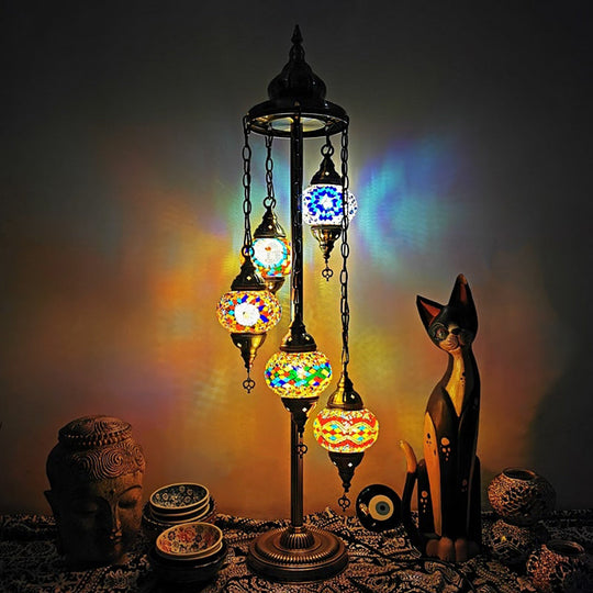 Stained Art Glass Floor Lamp - Traditional Beige/Red/Yellow - Elliptical Design - 5 Heads - Bedroom Standing Light