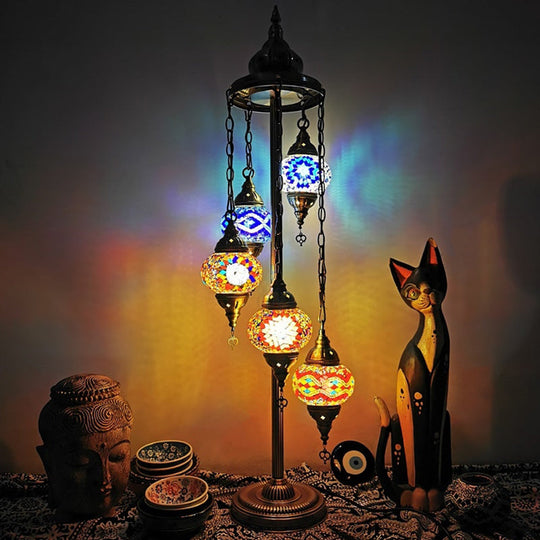 Stained Art Glass Floor Lamp - Traditional Beige/Red/Yellow - Elliptical Design - 5 Heads - Bedroom Standing Light