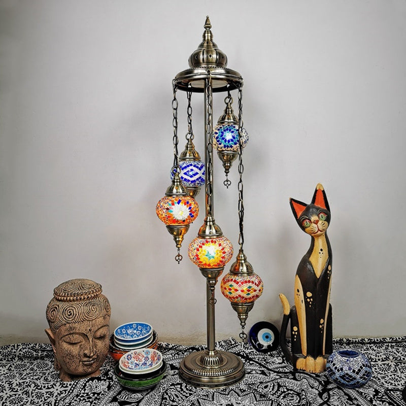 Stained Art Glass Floor Lamp - Traditional Beige/Red/Yellow - Elliptical Design - 5 Heads - Bedroom Standing Light